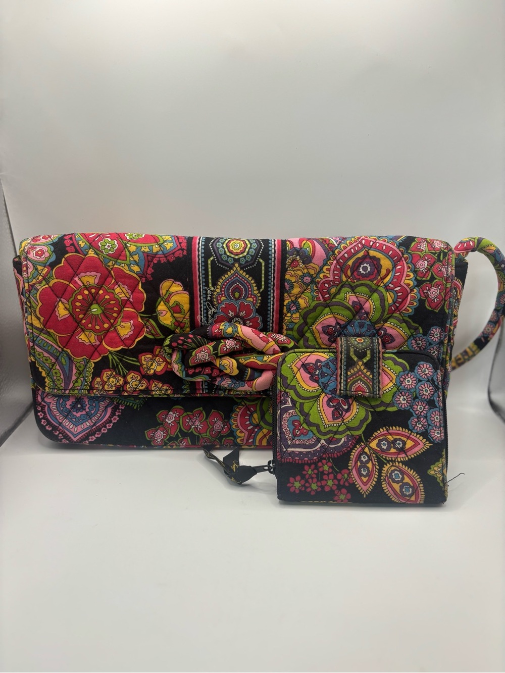 Vera Bradley Black Multi Floral Quilted Foldover Clutch with Card Holder